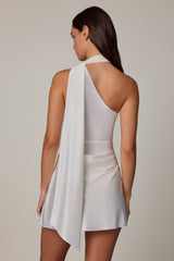 Asymmetric Scarf-Detail Mini Dress in White