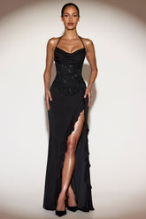 Embellished Cowl-Neck Ruffled Gown Dress in Black