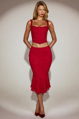 Lace Mid-Rise Fluted Midi Skirt in True Red