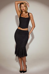 Lace Mid-Rise Fluted Midi Skirt in Black