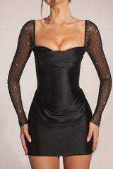 Long-Sleeve Draped Mini Dress in Black