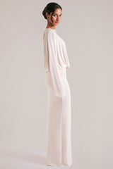 Long-Sleeve Draped Maxi Dress in Ivory