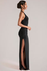Deep Plunge Halterneck Maxi Dress in Black