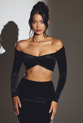 Velvet Off-Shoulder Ruched Crop Top in Jet Black