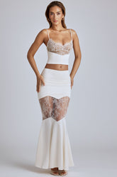 Lace Panel Fishtail Maxi Skirt in Ivory