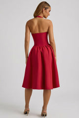 Halterneck Bow-Detail Midi Dress in True Red