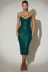 Embellished Sweetheart-Neck Midi Dress in Teal Green