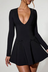 Bow-Detail Plunge-Neck A-Line Mini Dress in Black