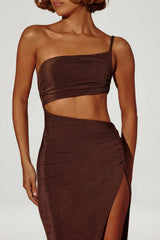 One Shoulder Cut Out Maxi Dress in Brown
