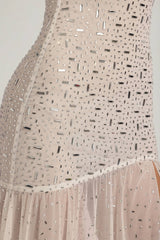 Semi-Sheer Embellished Asymmetric Maxi Dress in White