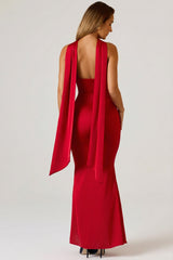 Scarf-Detail Strapless Gown in Scarlet Red