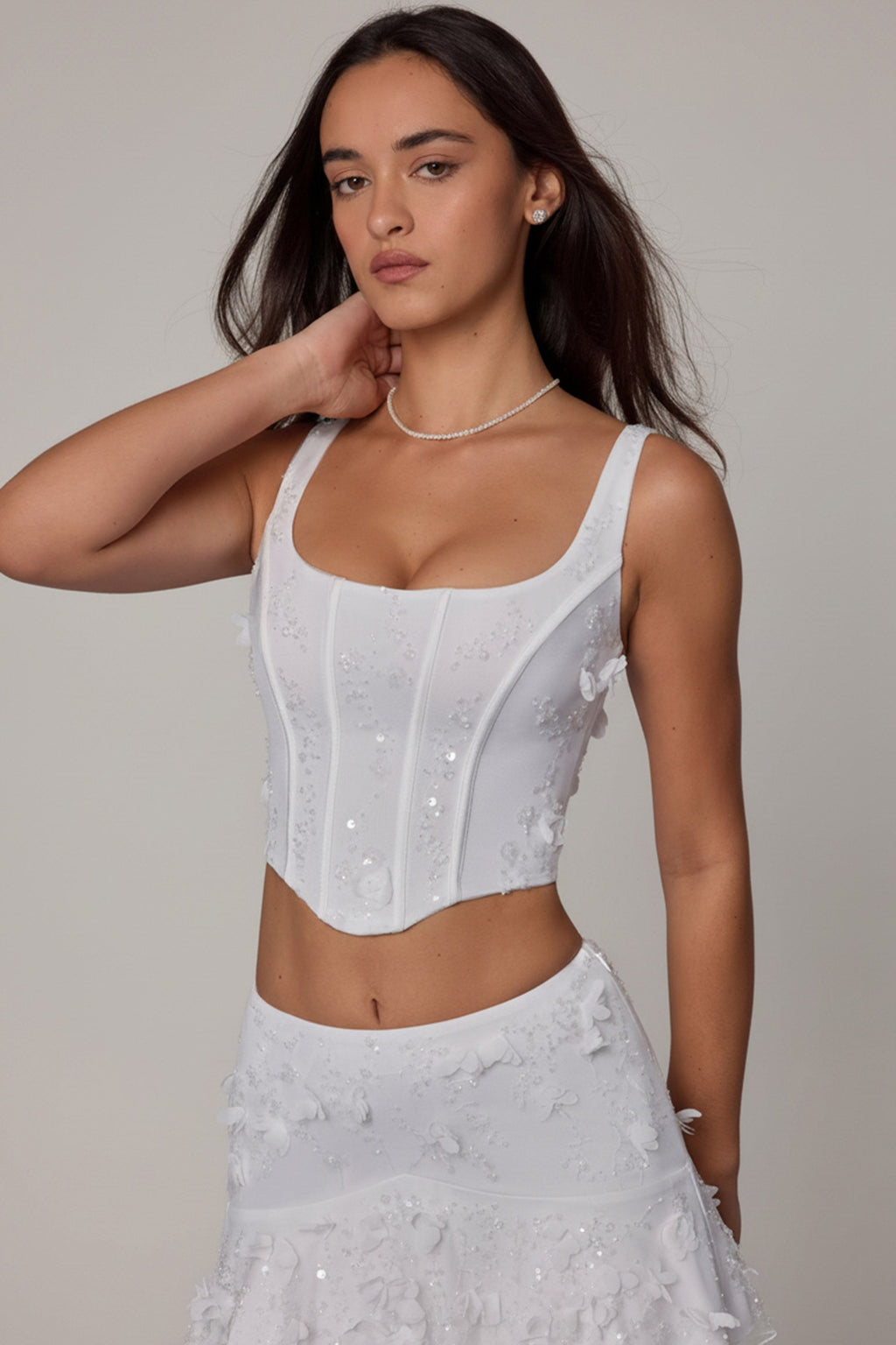 Embellished Lace-Up Corset Top in White