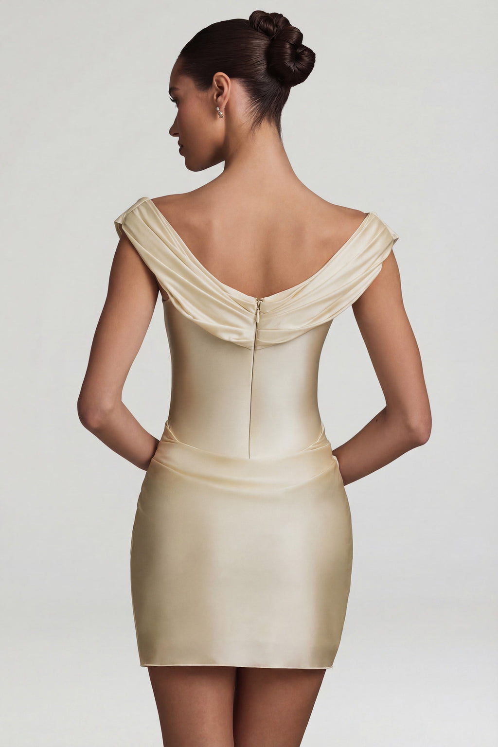 Satin Off-Shoulder Draped Mini Dress in Ivory