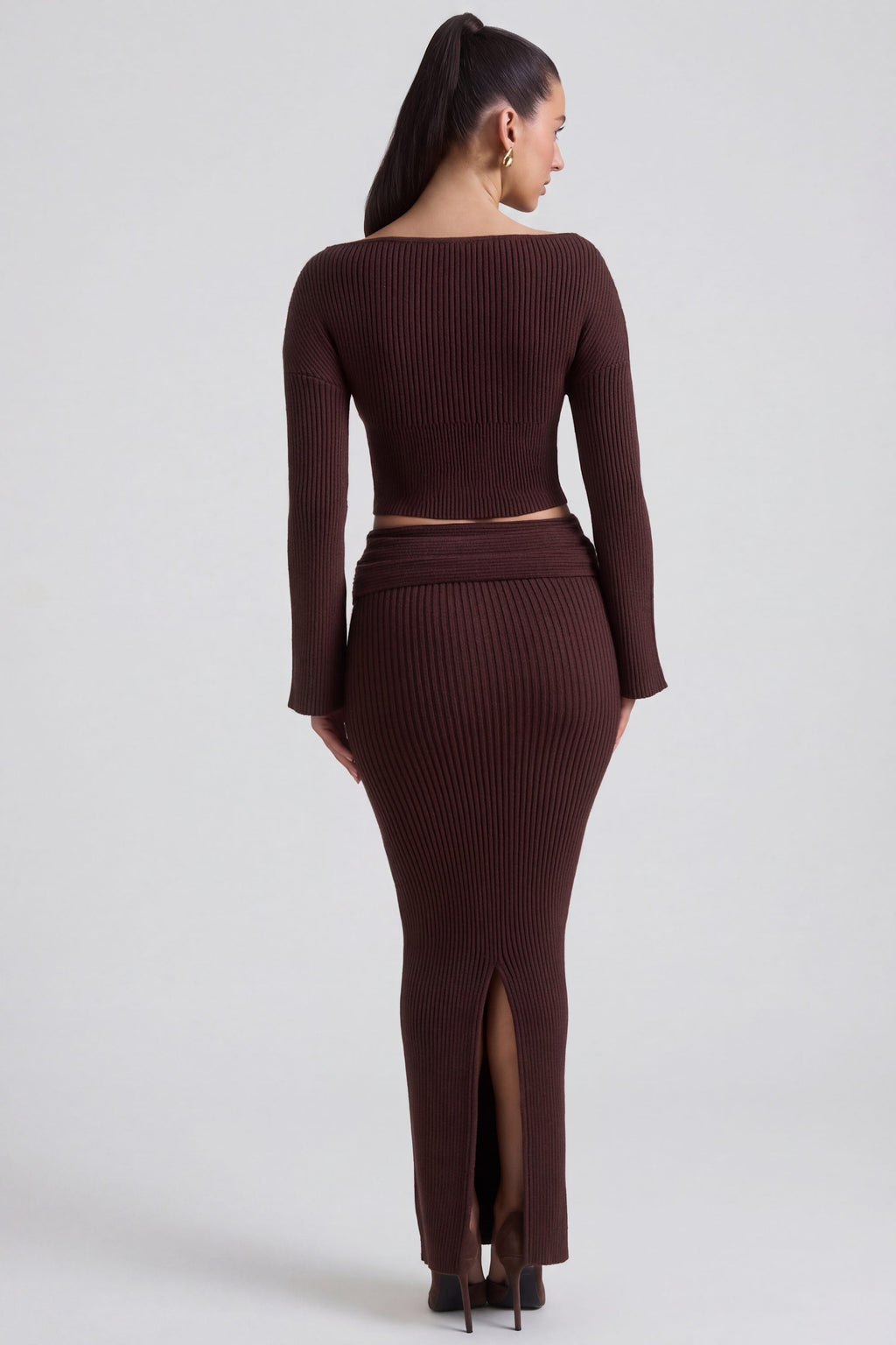Ribbed-Knit Foldover Maxi Skirt in Espresso