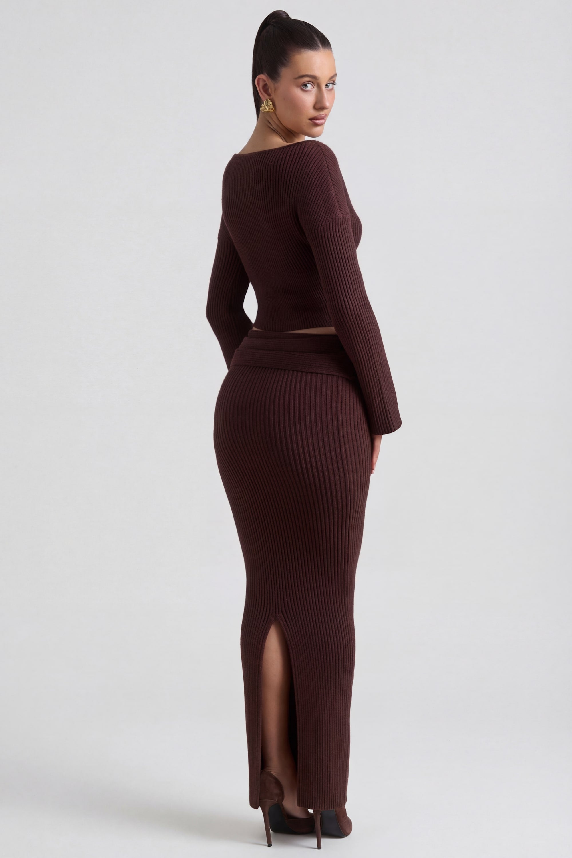 Ribbed-Knit Foldover Maxi Skirt in Espresso