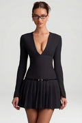 Long-Sleeve Pleated Mini Dress in Black