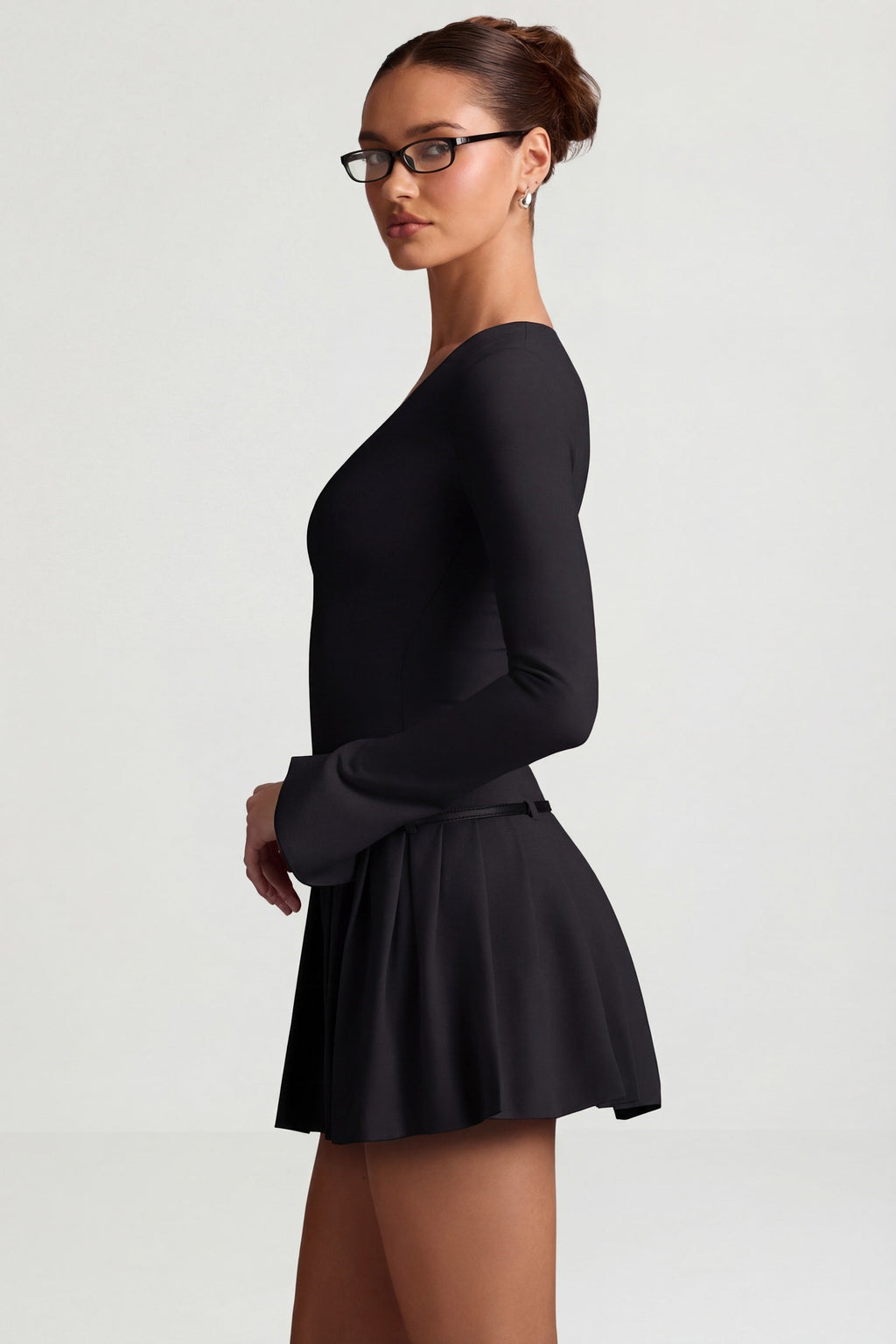 Long-Sleeve Pleated Mini Dress in Black