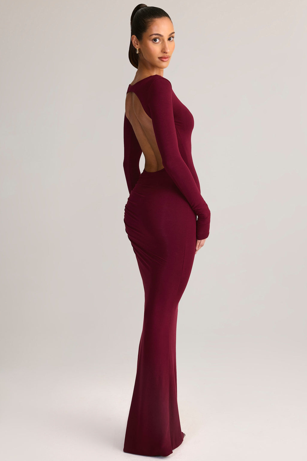 Modal Ruched Backless Maxi Dress in Wine