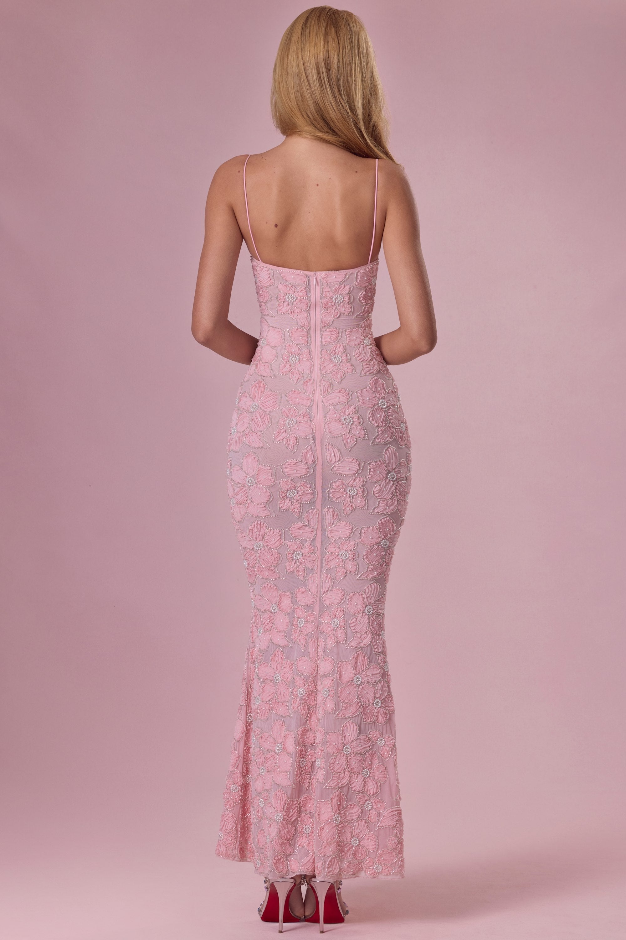 Embellished Square Neck Maxi Dress in Blush Pink