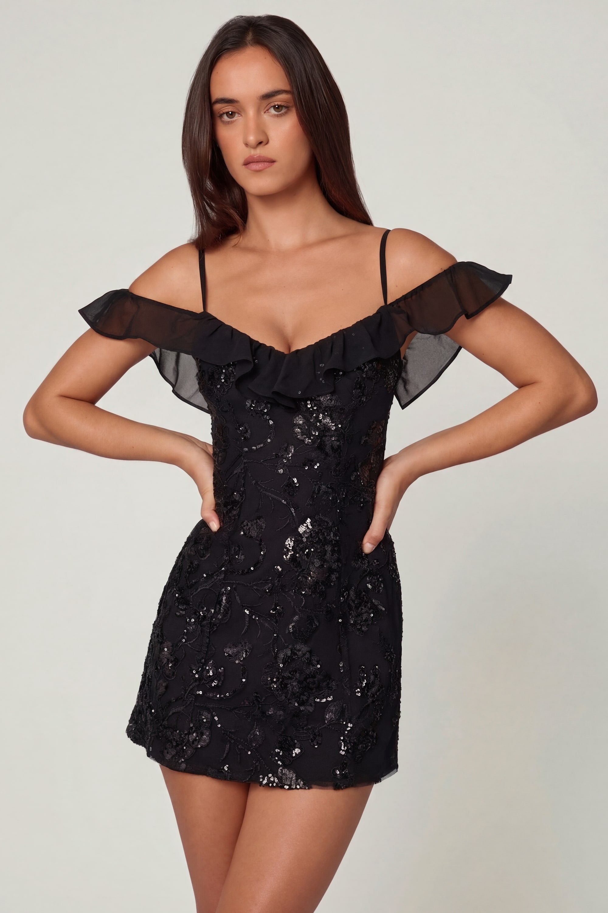 Embellished Lace-Up A-Line Mini Dress in Black