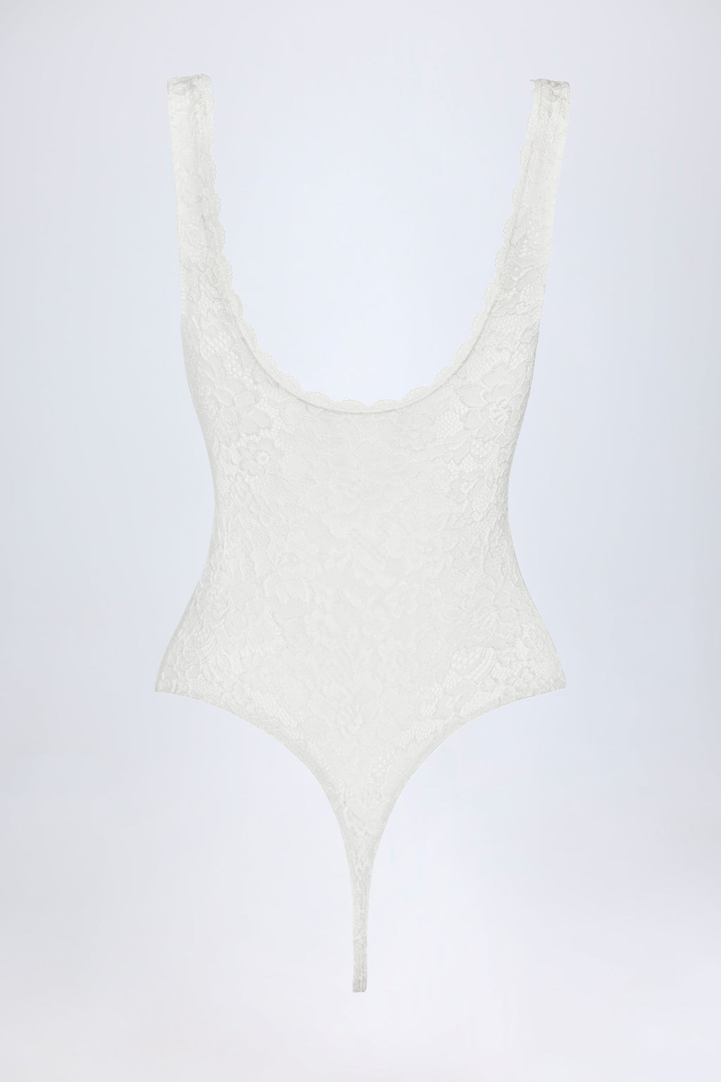 Sheer Lace Scalloped Plunge-Neck Bodysuit in White