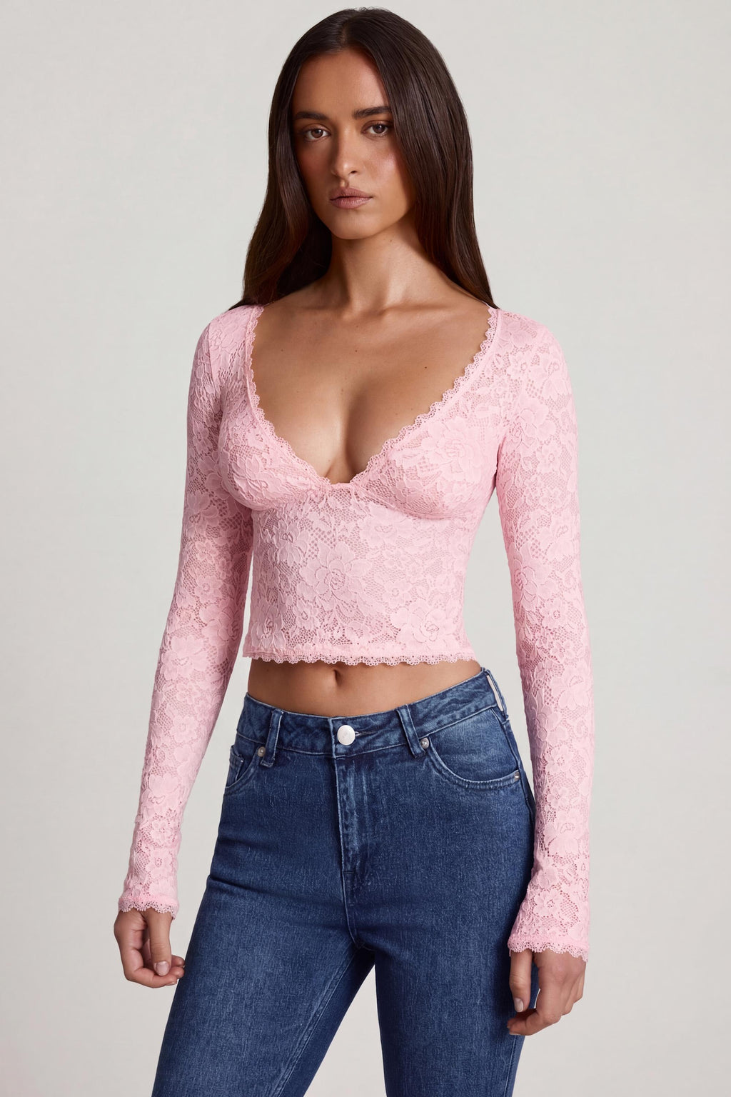 Sheer Lace Plunge-Neck Long-Sleeve Top in Pink