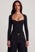Soft Jersey Sweetheart Ruched Long-Sleeve Top in Black