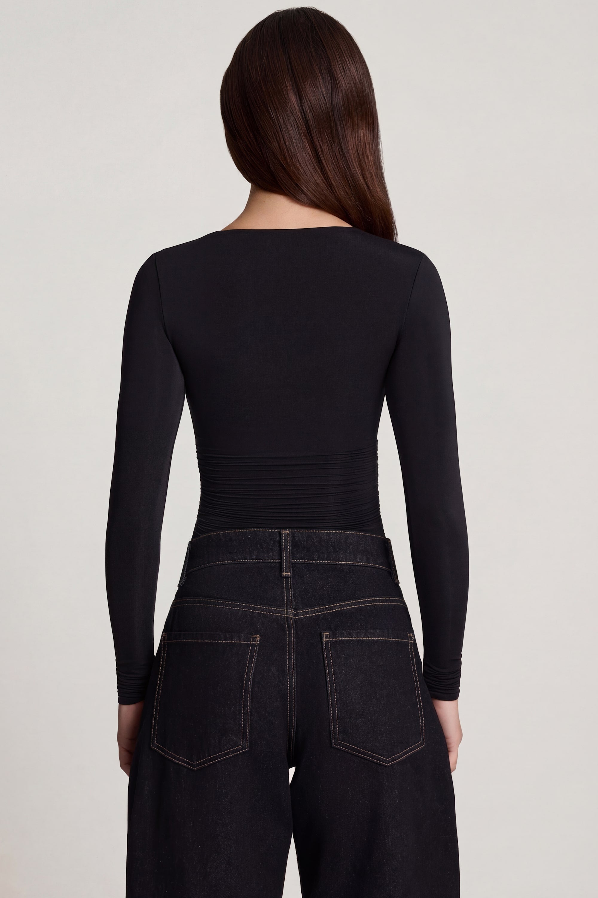 Soft Jersey Sweetheart Ruched Long-Sleeve Top in Black