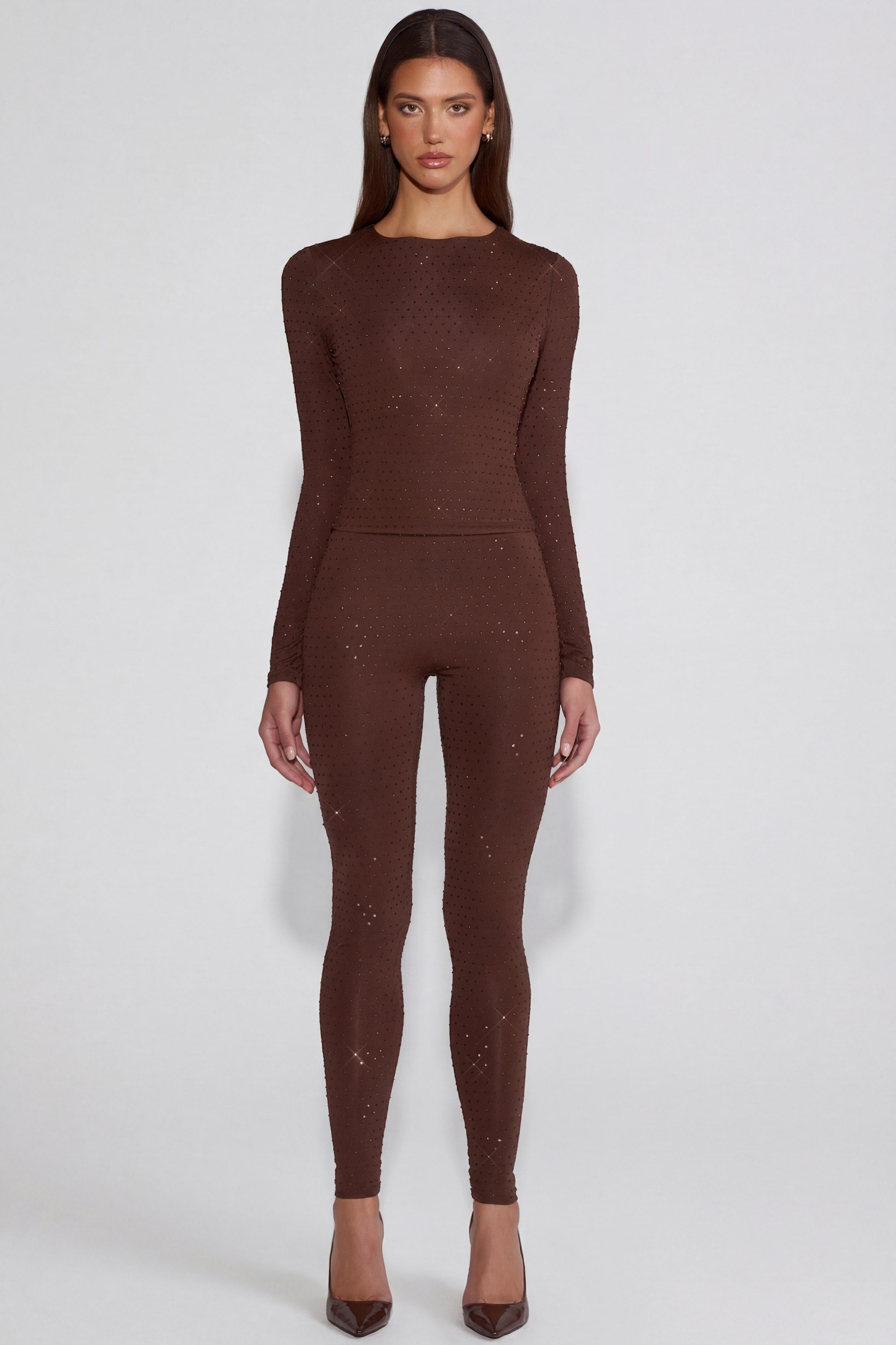 Embellished Jersey High-Waisted Leggings in Chocolate Brown
