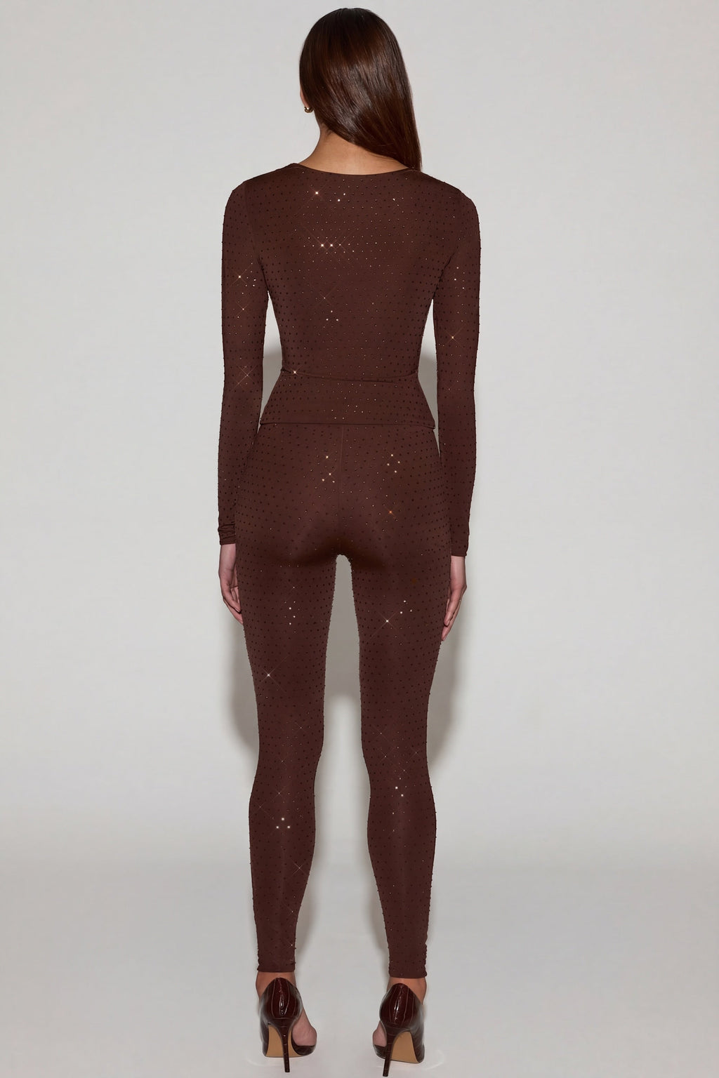 Embellished Jersey High-Waisted Leggings in Chocolate Brown