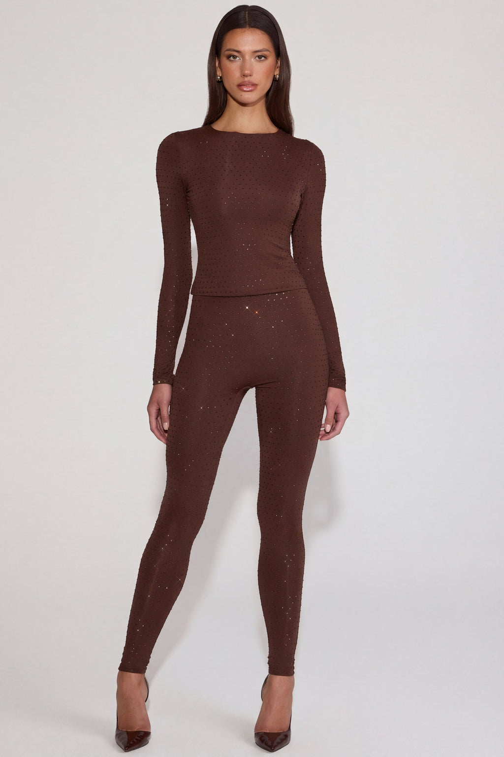 Embellished Jersey High-Waisted Leggings in Chocolate Brown