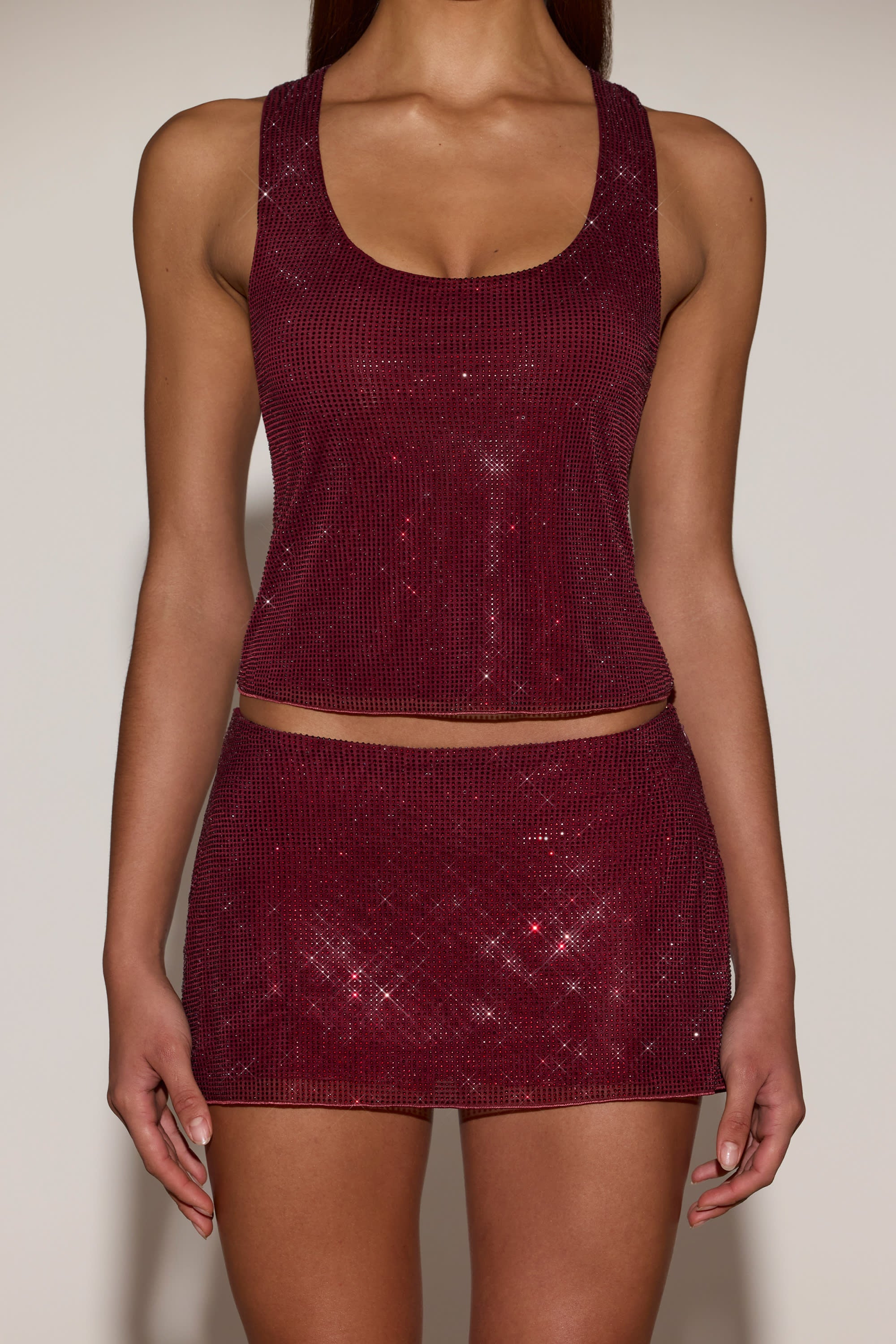 Embellished Mid-Rise A-Line Mini Skirt in Burgundy