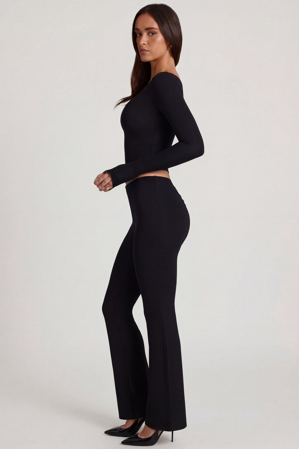 Modal Mid-Rise Flared Trousers in Black