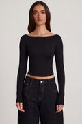 Modal Boat-Neck Long-Sleeve Top in Black