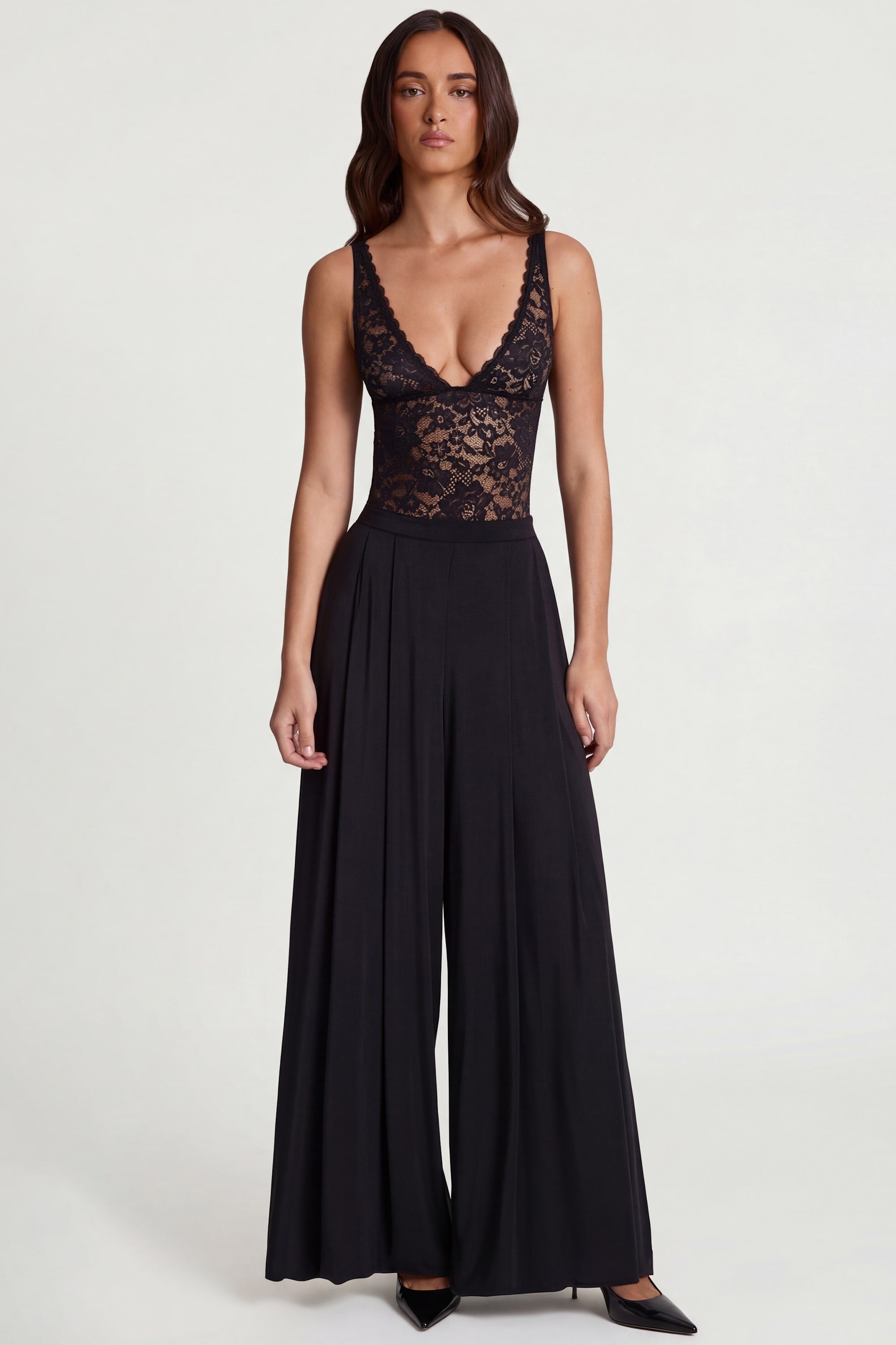 Soft Jersey Mid-Rise Wide-Leg Trousers in Black