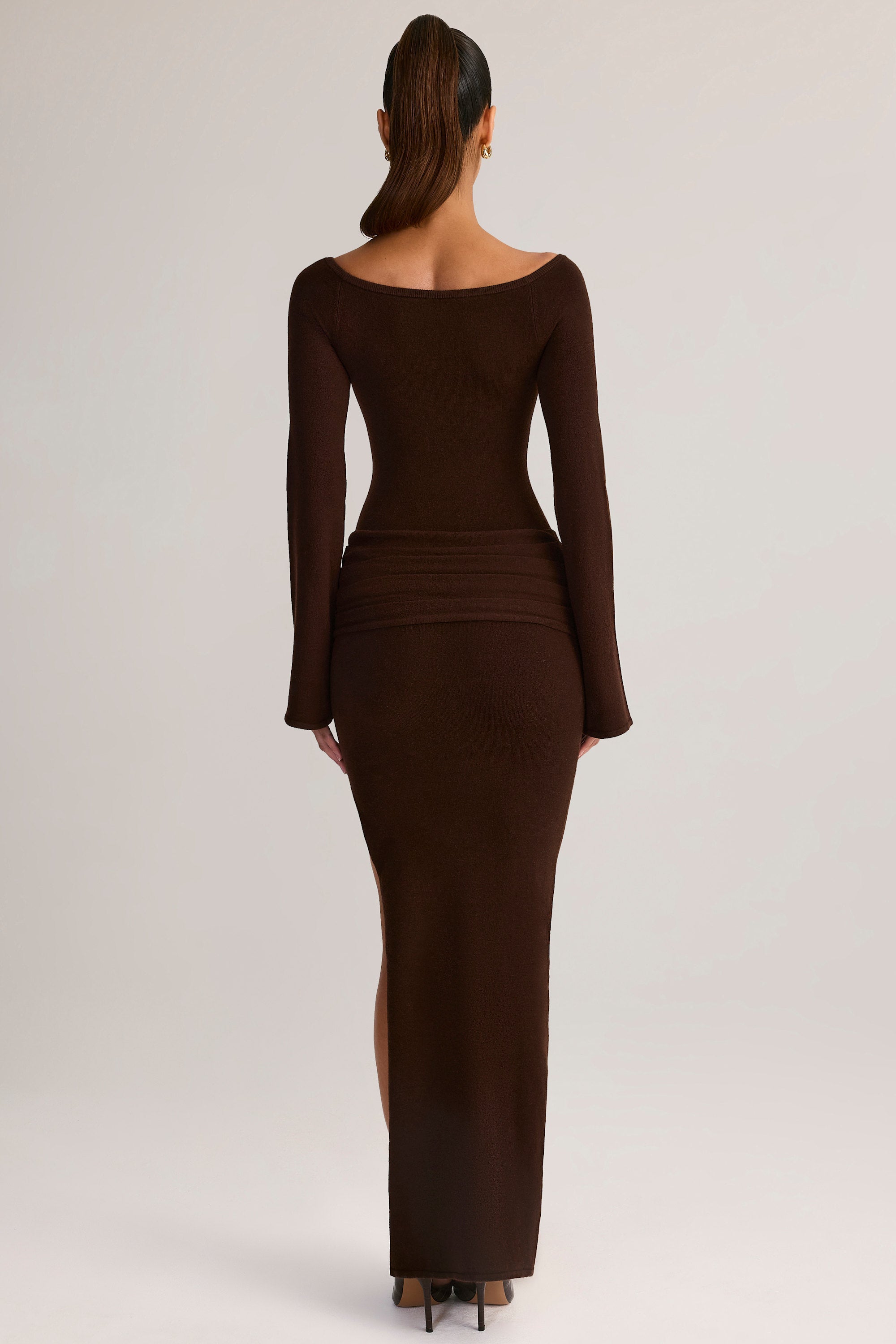 Rib-Knit Boat-Neck Long-Sleeve Maxi Dress in Chocolate Brown