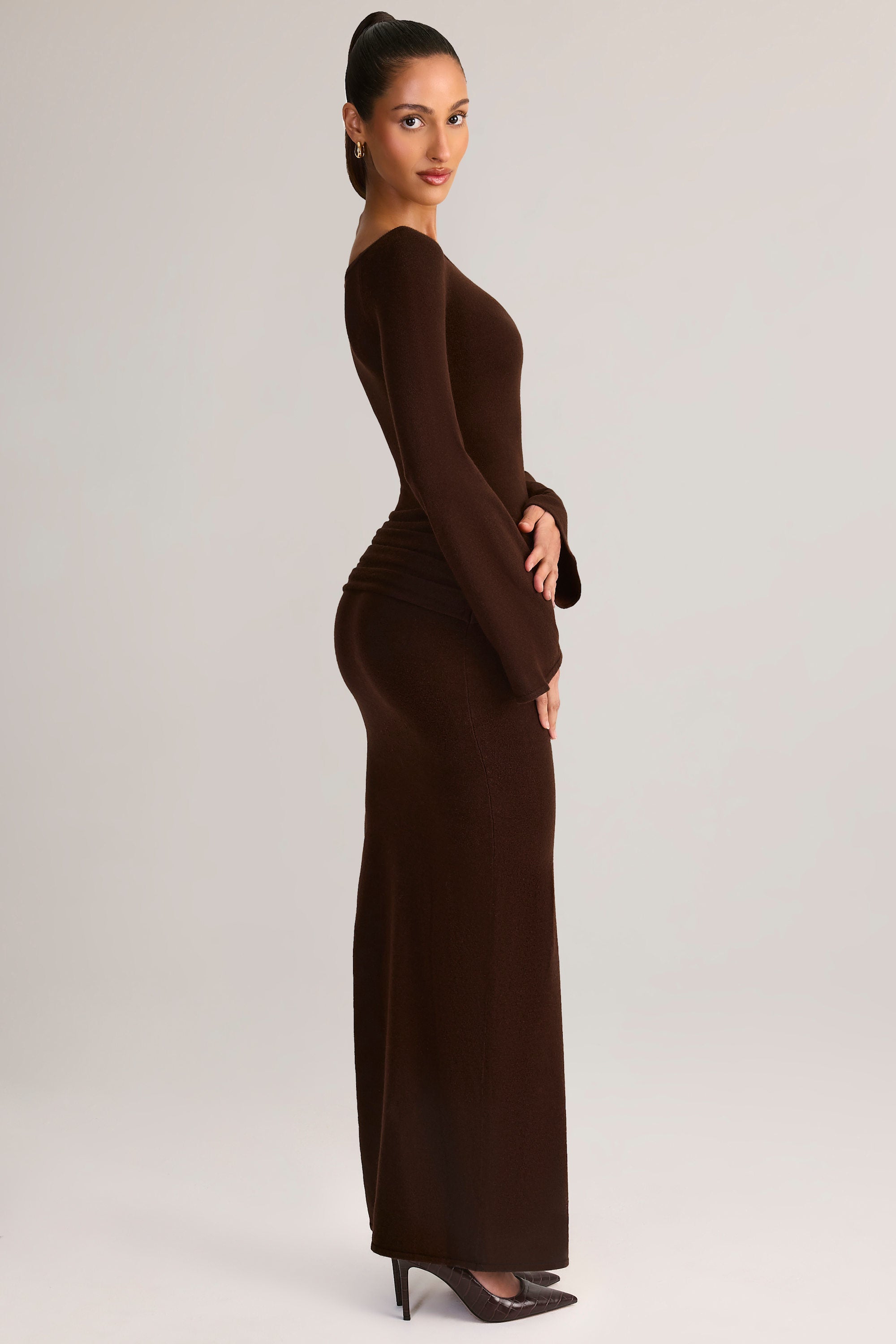 Rib-Knit Boat-Neck Long-Sleeve Maxi Dress in Chocolate Brown