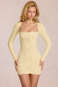 Scalloped-Lace Long-Sleeve Mini Dress in Lemon Yellow