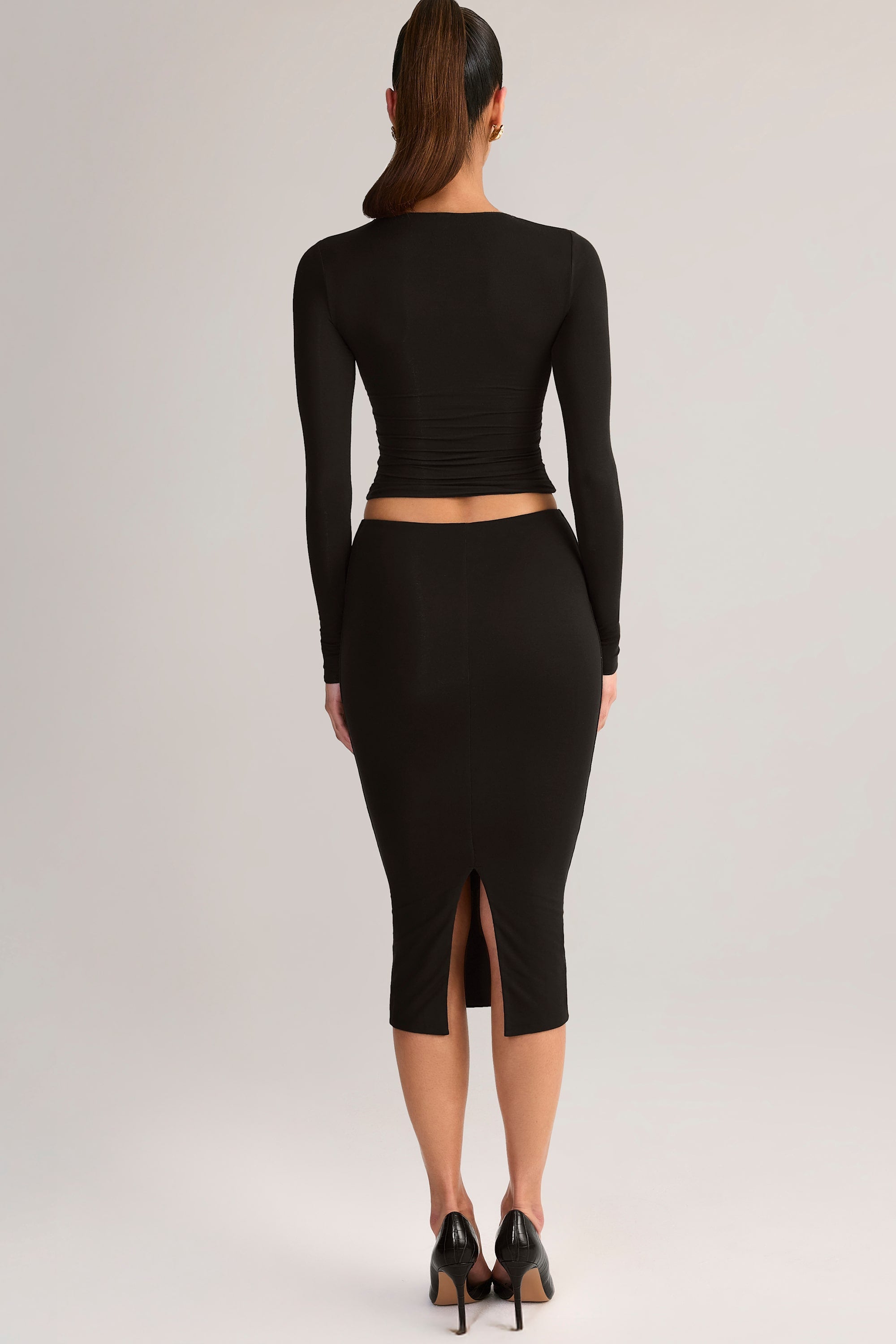Modal Mid-Rise Pencil Midi Skirt in Black