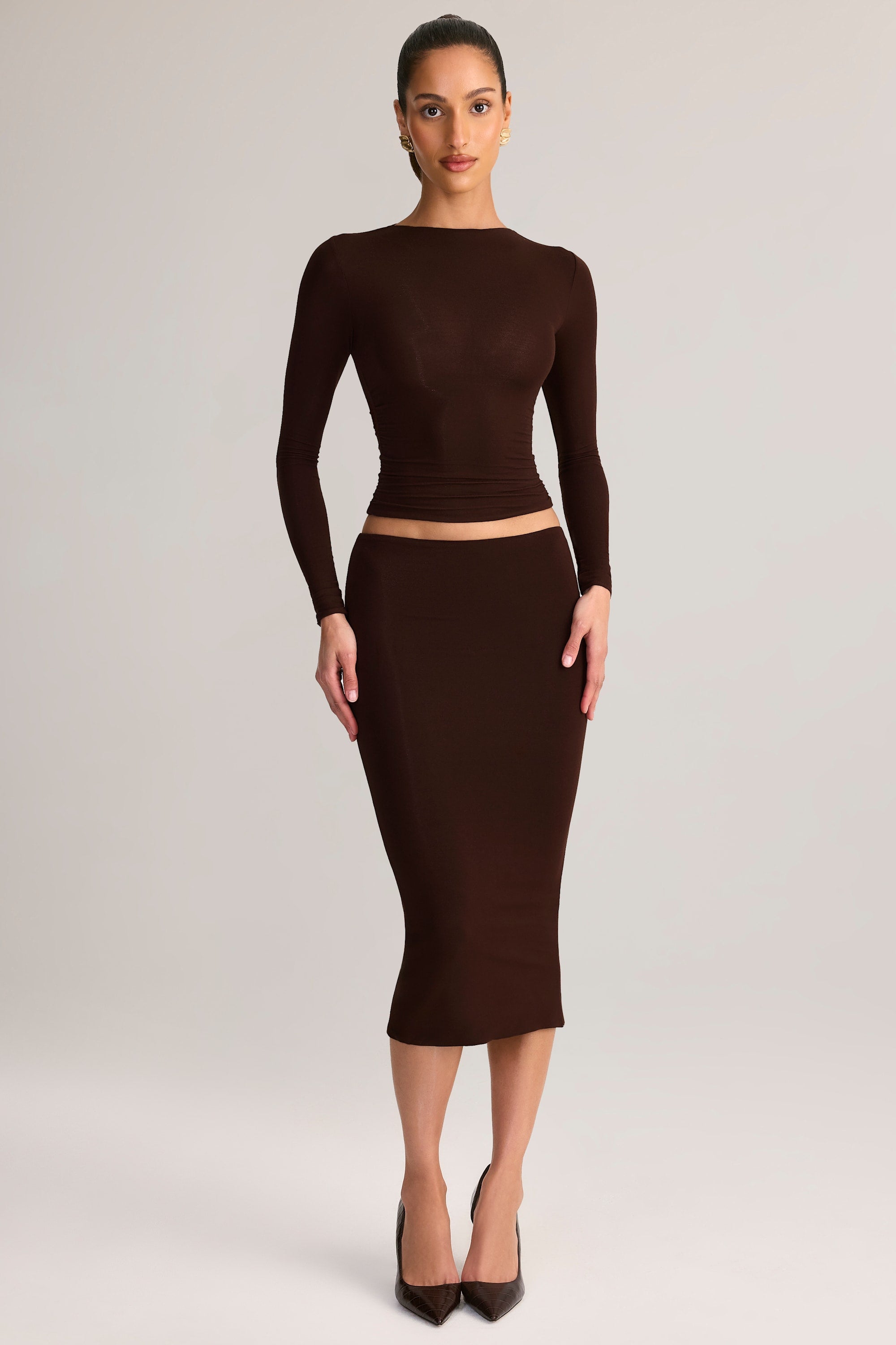 Modal Mid-Rise Pencil Midi Skirt in Chocolate Brown