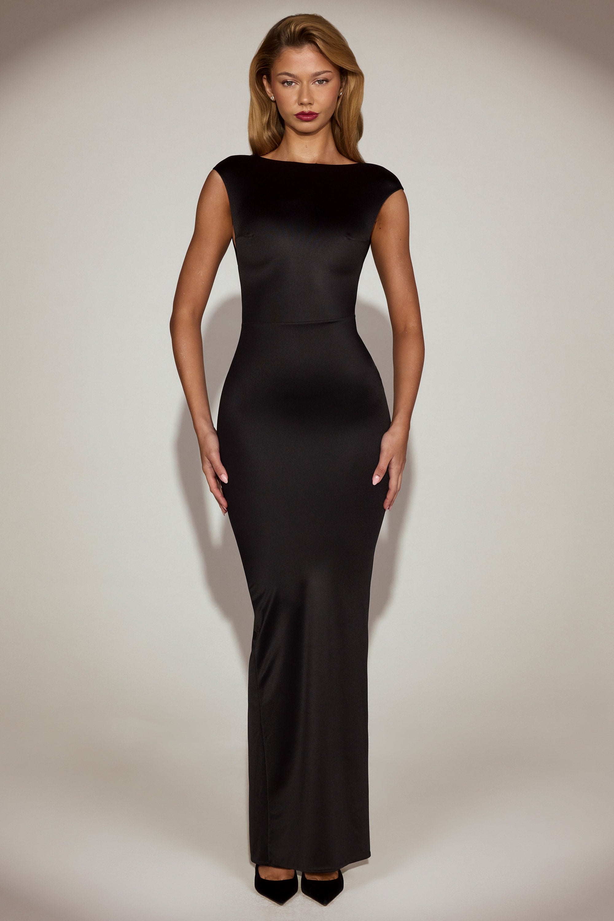 Satin Boat-Neck Twist-Back Maxi Dress in Black