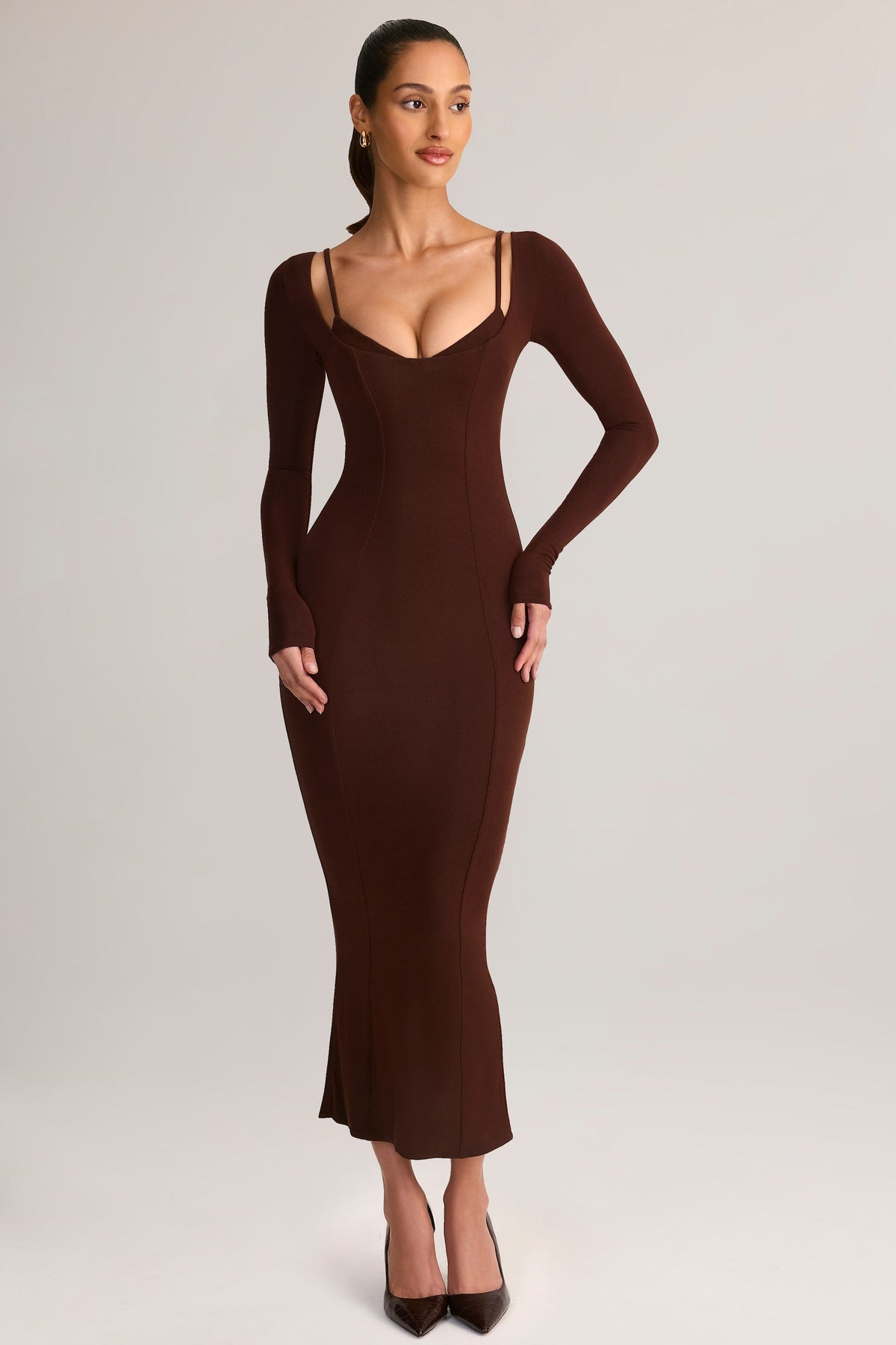 Modal Peekaboo Long-Sleeve Midi Dress in Chocolate Brown