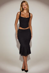 Lace Mid-Rise Fluted Midi Skirt in Black