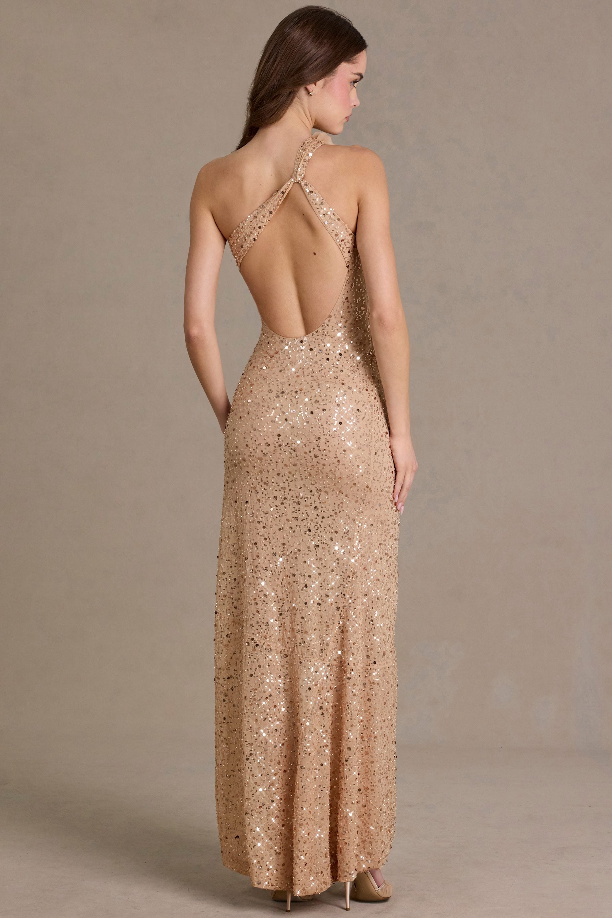 Embellished Asymmetric One-Shoulder Maxi Dress in Beige Gold