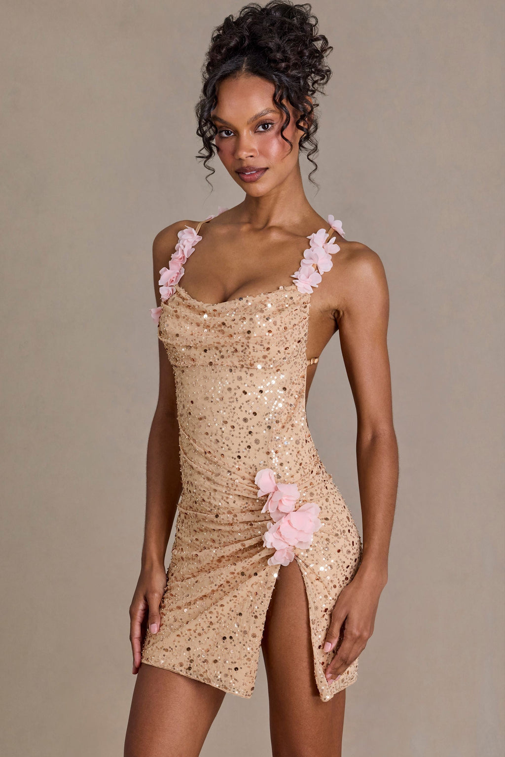 Embellished Open-Back Mini Dress in Gold