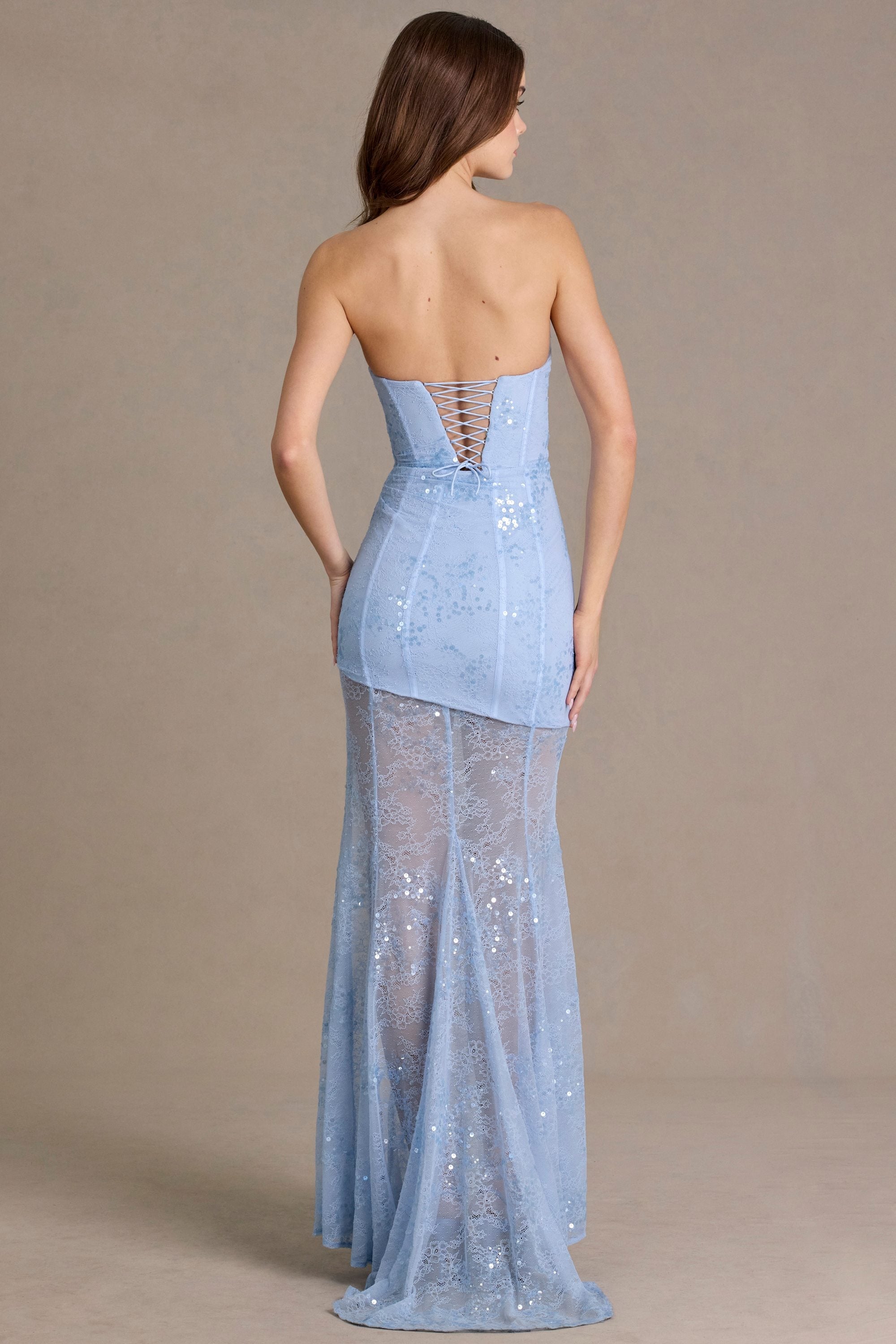 Premium Embellished Lace Corset Gown in Sky Blue