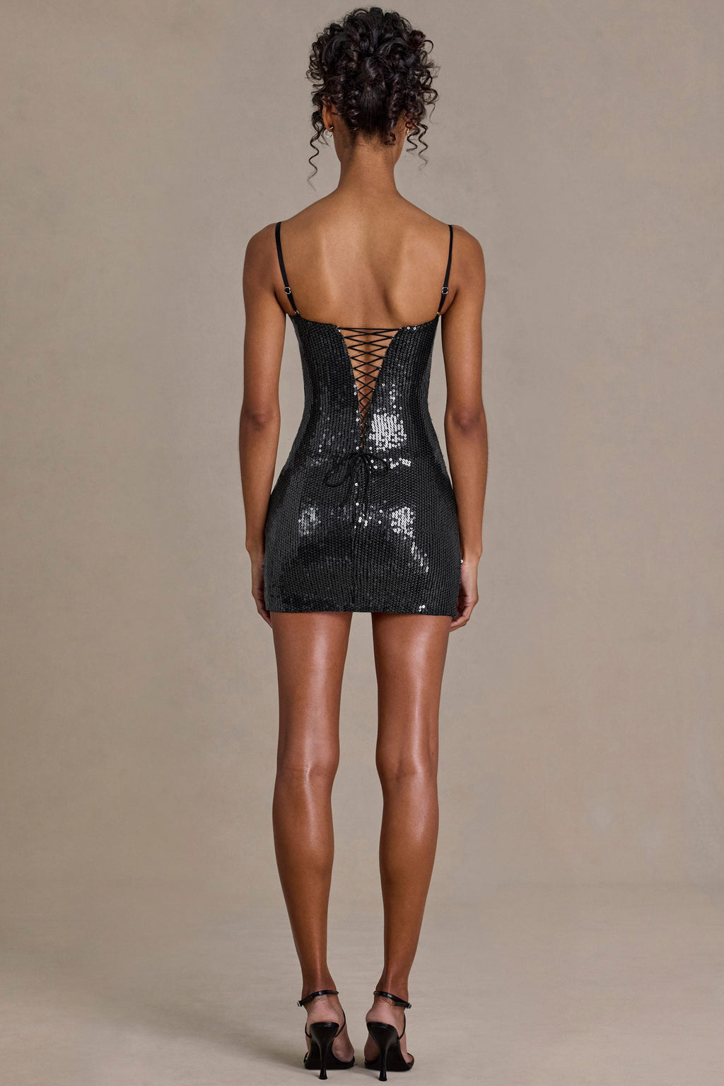 Premium Sequin Lace Corset Mini Dress in Black