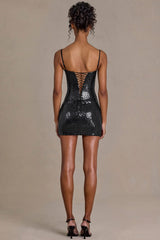 Premium Sequin Lace Corset Mini Dress in Black