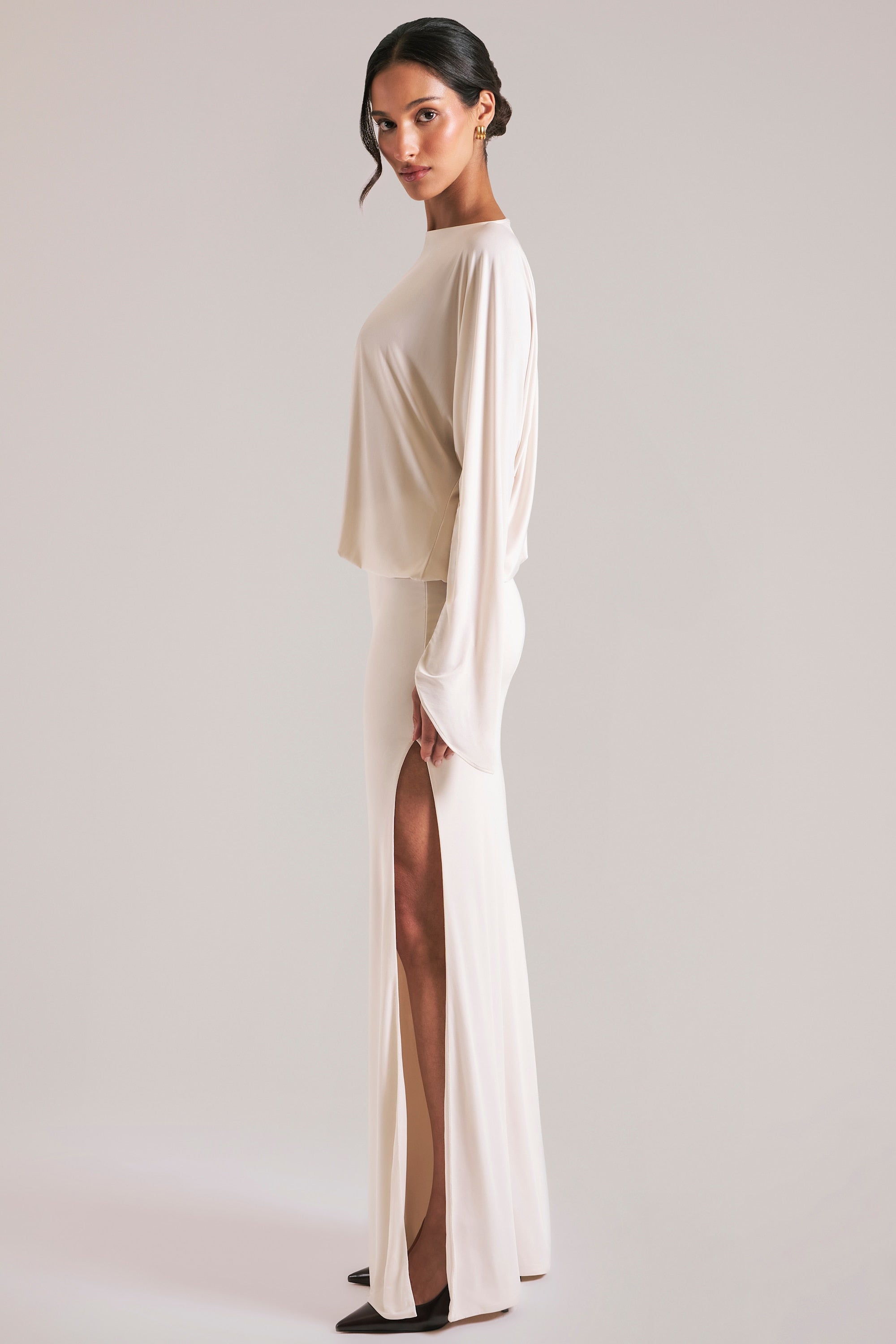Long-Sleeve Draped Maxi Dress in Ivory