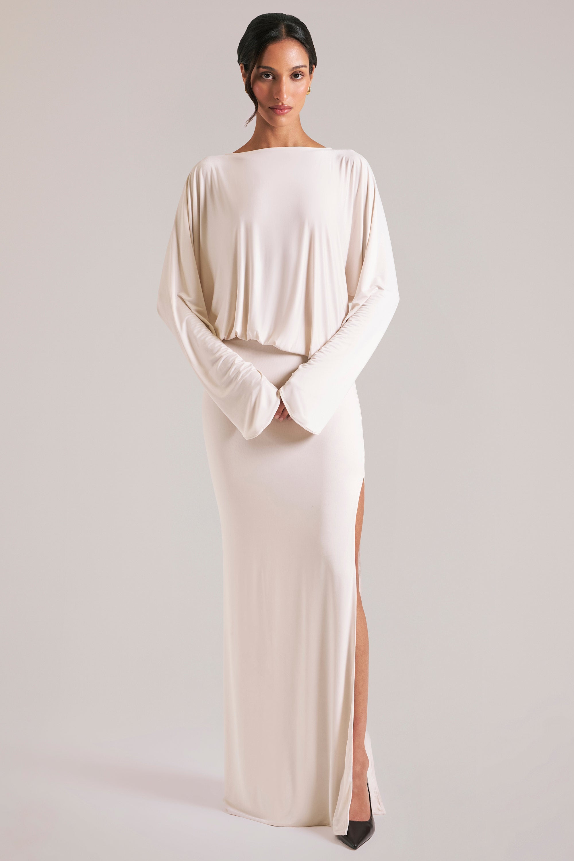 Long-Sleeve Draped Maxi Dress in Ivory